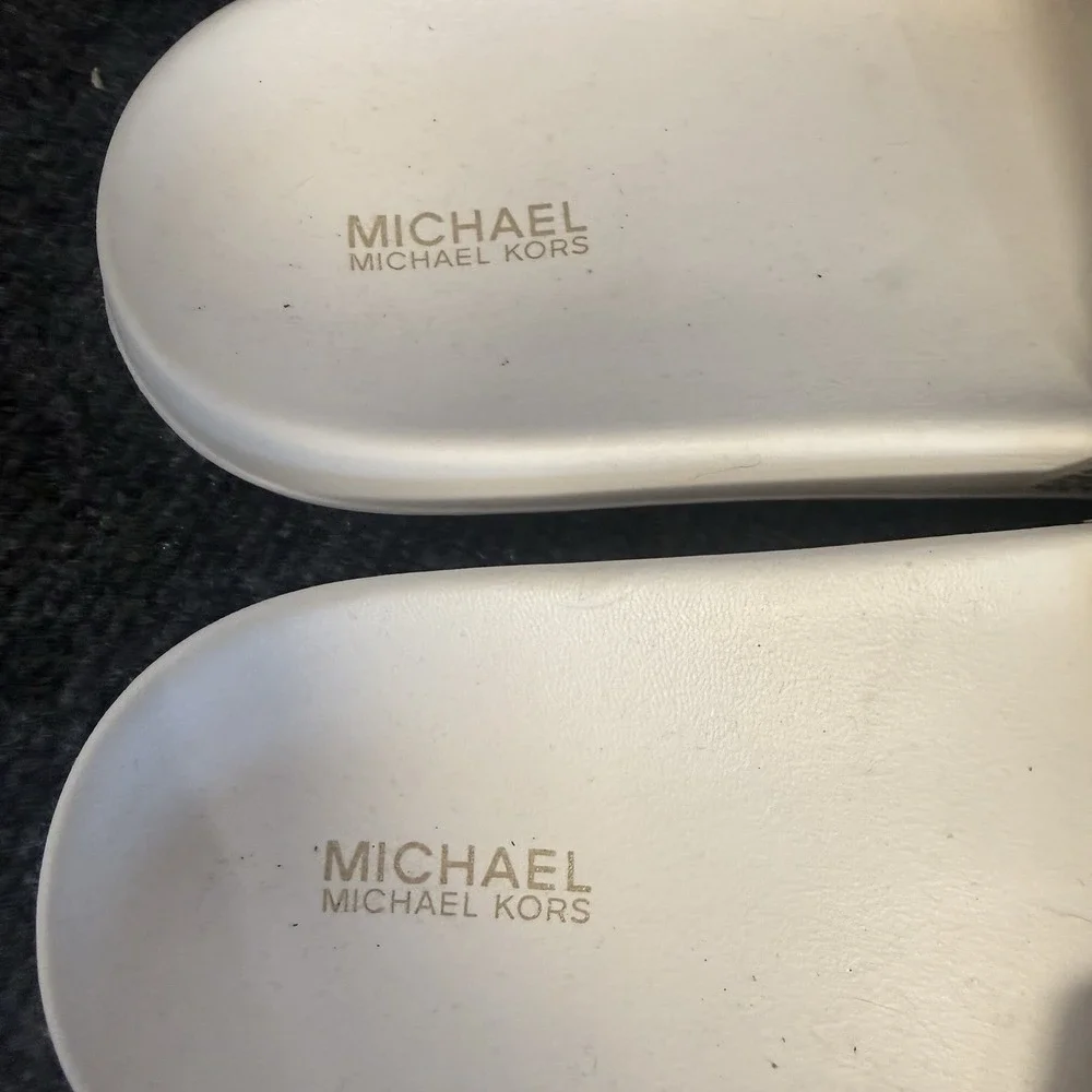 Michael Kors Slide Sandals White Gold Rhinestone Logo Pool Beach Women's